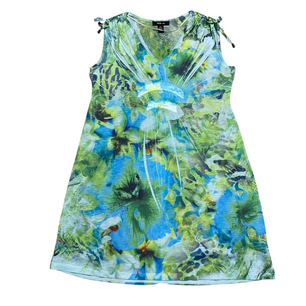 Style & Co Sleeveless Dress Women’s L Green Floral Mini Casual V Neck Macy’s